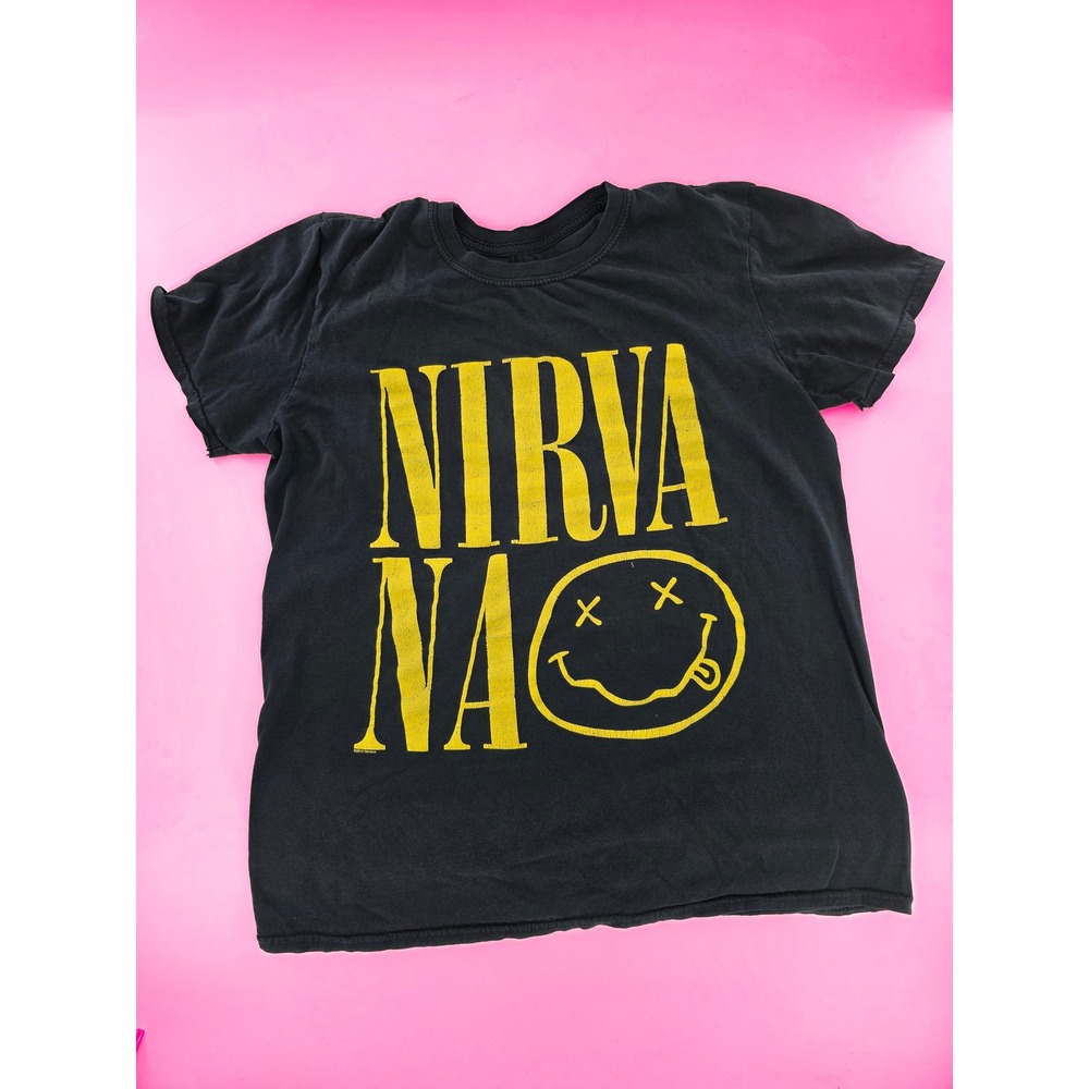Nirvana T‎ Shirt Black Yellow Smiley Face Band Tee Grunge Rock Music Top